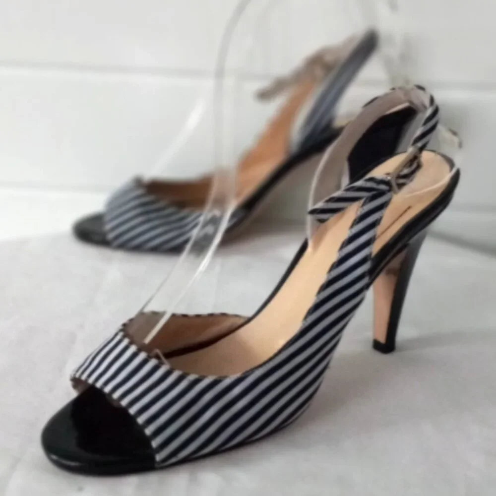 Kate Spade Designer Slingback Heels 6.5B Black White Pinstripe Classic Chic EUC
